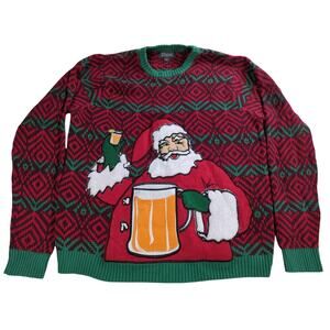 33Degrees Santa Beer Pocket Ugly Christmas Sweater Red Green Mens XL Cotton
